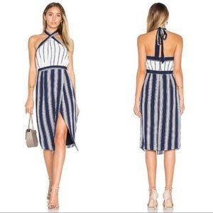 Lovers + Friends Noemi Stripe Halter Neck Midi Dress Size XS Navy Blue/White